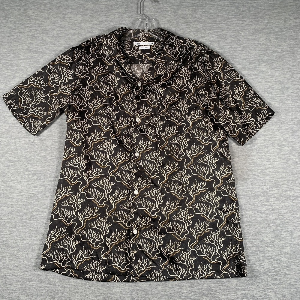 Zara Shirt Mens Small Black Coral Print Viscose Short Sleeve Button Up Casual